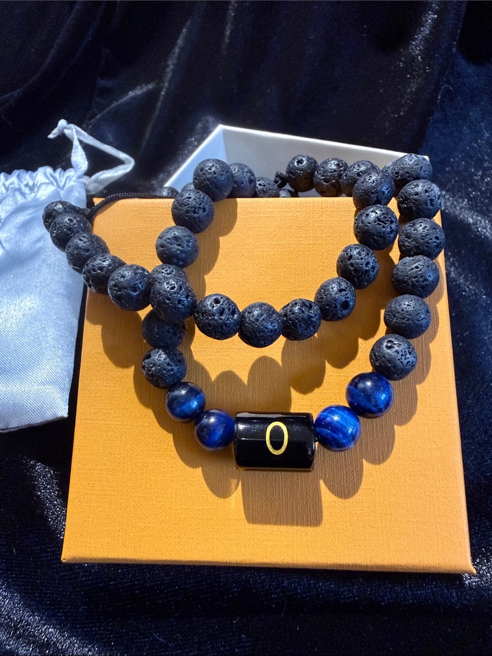 Black Lava Bead Bracelet with Blue Accent Beads